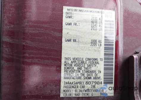 2012 Nissan Maxima 3.5 Sv z USA, uszkodzony, nr VIN 1N4AA5AP8CC807904